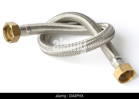 Stainless steel water hose isolated on white Stock Photo