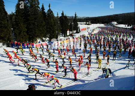 View of the great number of participants of the Bieg Piastow cross-country race, Jakuszyce, Poland. Stock Photo