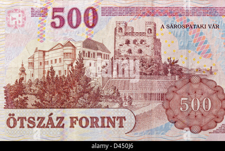 money of Hungary 500 forint macro with Castle of Sarospatak Stock Photo