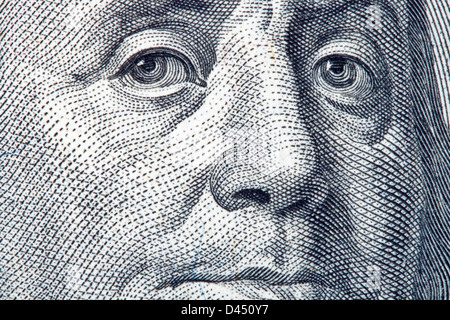 Portrait of Benjamin Franklin close-up from one hundred dollars bill Stock Photo