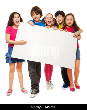 Group of children with a white board isolated in white Stock Photo - Alamy