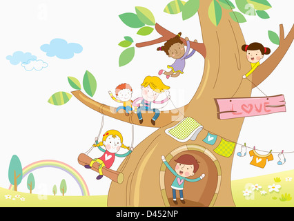 Illustration of Kids Playing in a Tree Stock Photo - Alamy