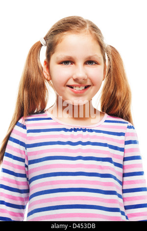 Happy smiling 9 years old girl with ponytails, isolated on white Stock Photo