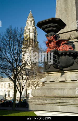 dragon sculpture and clock tower cardiff city hall cathays park cardiff south wales Stock Photo