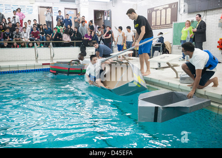 Hundreds of students from Brooklyn Technical High School take part in the Cardboard Boat Regatta Stock Photo