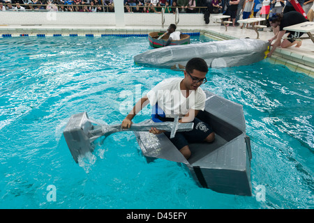 Hundreds of students from Brooklyn Technical High School take part in the Cardboard Boat Regatta Stock Photo