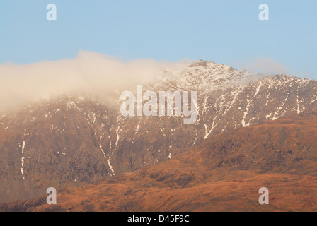 Mist on Snowdon, Wales highest mountain which features a mountain railway and cafe on its summit. Stock Photo