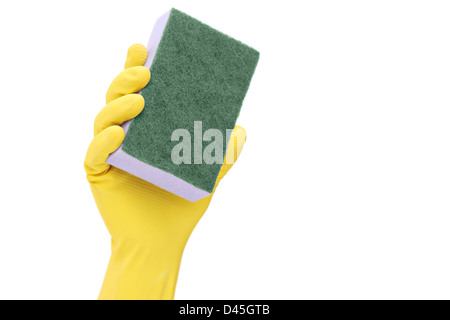 Hand with a rubber glove holding a sponge, isolated on white background Stock Photo