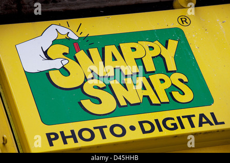 Sign for photo processing shop Snappy Snaps. Stock Photo