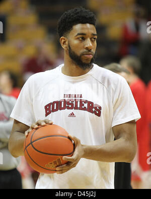 Bloomington, Indiana, USA. 5th March, 2013. Indiana Hoosiers forward Christian Watford (2) warms up before an NCAA basketball game between Ohio State University and Indiana University at Assembly Hall in Bloomington, Indiana. Stock Photo