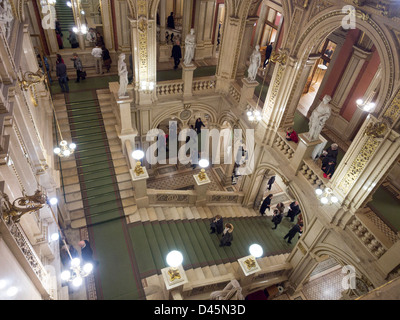 Grand Staircase to the Vienna  State Opera. The opulent marble foyer and main stair in Vienna's famous Opera House. Stock Photo