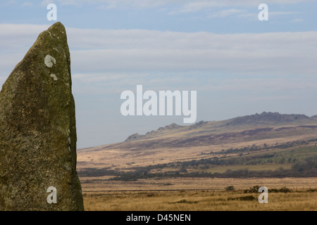 A bluestone stands on the Preseli hills near Mynachlog-ddu in Pembrokeshire. Bluestones were used to build Stonehenge. Stock Photo