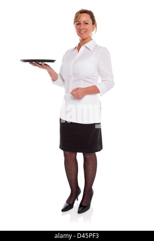 Full length photo of a waitress holding an empty tray, isolated on a white background Stock Photo