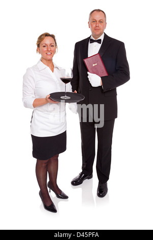 Waitress and Maitre D' isolated on a white background. Stock Photo