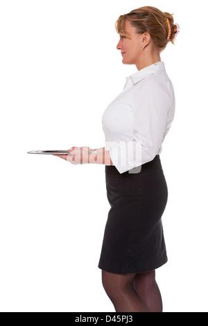 Waitress holding an empty silver tray, isolated on a white background. Good image for product placement. Stock Photo