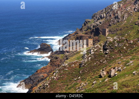The Crown tin mines on the rugged Cornish coastline at Botallack near St Just in Cornwall England. Stock Photo