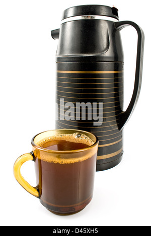 Cup of coffee with black thermos isolated on white Stock Photo