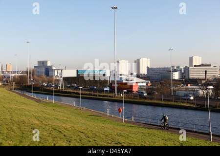 View East to the Forth and Clyde Canal at Speir's Wharf beside the M8 Motorway, Glasgow, Scotland, UK Stock Photo