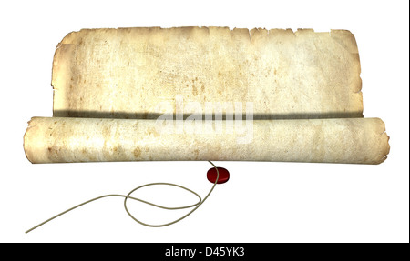 An old weathered scroll type paper unwinding with string and a seal in front on an isolated background Stock Photo