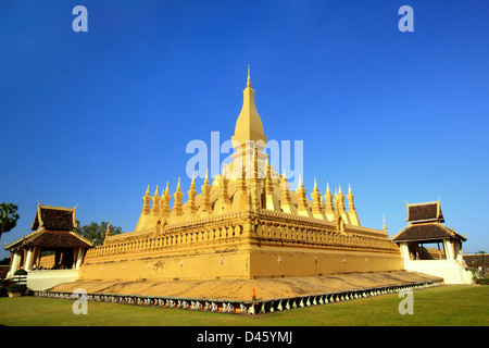 Golden temple architecture in Vientienne 'Pha That Luang' and its place in Vientiane, Laos. Stock Photo