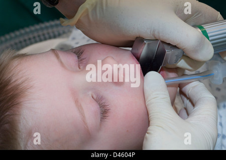 A young boy being prepared for an endoscopic procedure. Stock Photo