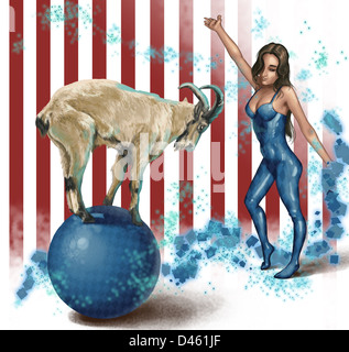 Illustrative image of female performer looking at goat balancing on sphere Stock Photo