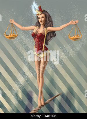 Illustrative image of woman holding scales while walking on rope Stock Photo