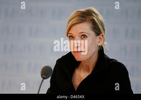 Berlin, Germany. 6th March 2013. Kristina Schroeder, German Family Minister, has  started the nationally unique helpline 'violence against women'. The helpline provides advice on all forms of violence against women.On Picture: Ina Weisse, film director, has directed the advertisement film  for free to support the campaign.. Credit:  Reynaldo Chaib Paganelli / Alamy Live News Stock Photo