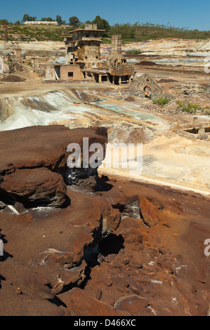 Damaged buildings in São Domingos Mine, a deserted open-pit mine in Mertola, Alentejo, Portugal. Stock Photo