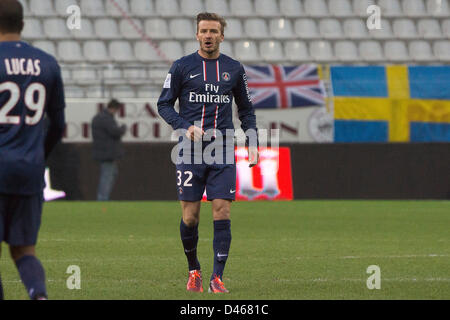 02.03.2013. Reims France.  Ligue 1 football.   Stade de Reims versus Paris Saint Germain FC. Picture shows David Beckham. Stock Photo