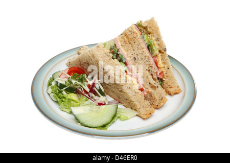 Ham salad sandwich and salad garnish on a plate isolated against white Stock Photo