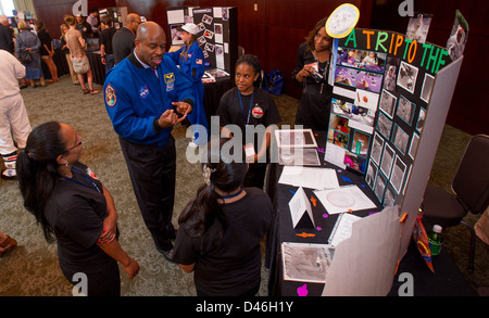 The GRAIL MoonKAM program hosted an educational expo, with NASA astronaut Leland Melvin and educator Paul E. Alers engaging students in lunar exploration, science, engineering, technology, and mathematics to encourage STEM learning and careers. Stock Photo