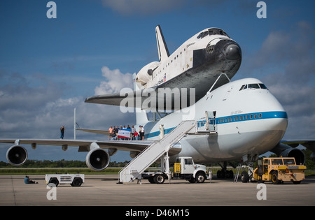 Space Shuttle Endeavour is mounted atop the 747 Shuttle Carrier ...