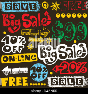 big sale crazy doodles isolated on black Stock Photo