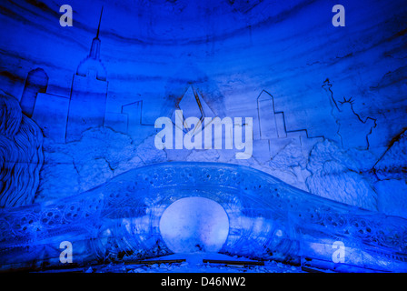 Lobby, Montreal Snow Village Ice Hotel, Ile Sainte-Helene, Parc Jean-Drapeau, Montreal, Quebec, Canada. Stock Photo