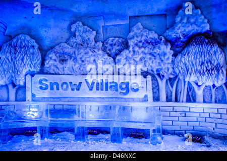 Signs in lobby, Montreal Snow Village, Ile Sainte-Helene, Parc Jean-Drapeau, Montreal, Quebec, Canada. Stock Photo