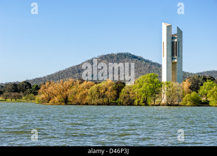 The National Carillon Tower, on Aspen Island in Lake Burley Griffin, Canberra, Australia, with Mount Ainslie in the background. Stock Photo