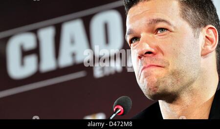 Leipzig, Germany. 7th March 2013. Former German national soccer player Michael Ballack speaks about his farewell match at a press conference. Ballack will play his last soccer match with celebrities at the WM-Arena in Leipzig at the beginning of June. Photo: JAN WOITAS/dpa/Alamy Live News Stock Photo