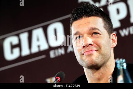 Leipzig, Germany. 7th March 2013. Former German national soccer player Michael Ballack speaks about his farewell match at a press conference. Ballack will play his last soccer match with celebrities at the WM-Arena in Leipzig at the beginning of June. Photo: JAN WOITAS/dpa/Alamy Live News Stock Photo