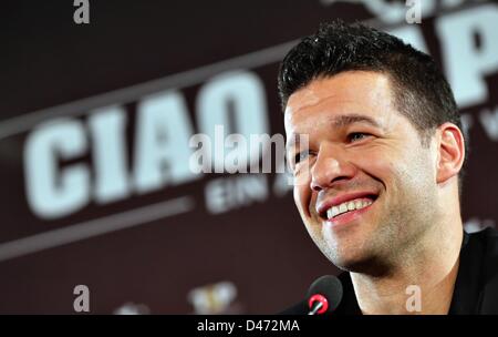 Leipzig, Germany. 7th March 2013. Former German national soccer player Michael Ballack speaks about his farewell match at a press conference. Ballack will play his last soccer match with celebrities at the WM-Arena in Leipzig at the beginning of June. Photo: JAN WOITAS/dpa/Alamy Live News Stock Photo