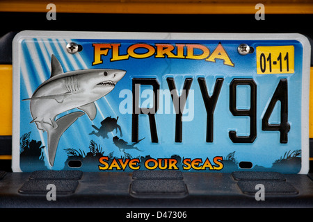 A shark is pictured on a custom State of Florida automobile license plate, Florida, USA. Stock Photo