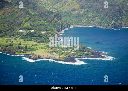 An aerial view of the Keanae Peninsula, along Maui’s famous Road to Hana, Maui, Hawaii, USA. Stock Photo