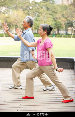 Senior Chinese Couple Doing Tai Chi In Park Stock Photo