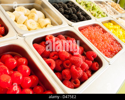 Frozen yogurt toppings bar. Yogurt toppings ranging from fresh fruits, nuts, fresh-cut candies, syrups and sprinkles. Stock Photo