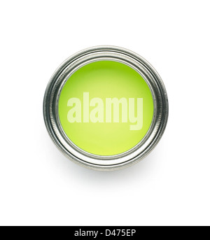 Overhead view of lime green paint tin cut out white background Stock Photo