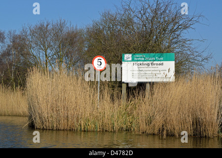 Norfolk Wildlife Trust Hickling Broad sign at the southern end of Heigham Sound, Norfolk Stock Photo