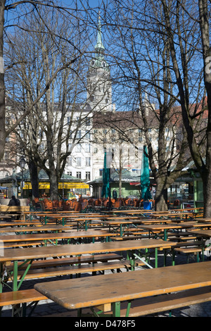 empty beer garden at Viktualienmarkt in the city centre of Munich, Germany Stock Photo