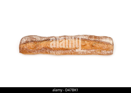 A rustic French stick known as "la Charmille" photographed on a white background.  Pain "La Charmille" en studio sur fond blanc. Stock Photo