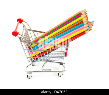 color pencils in shopping cart isolated Stock Photo