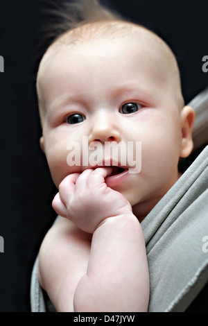 Newborn baby in the grey sling (with mother) Stock Photo